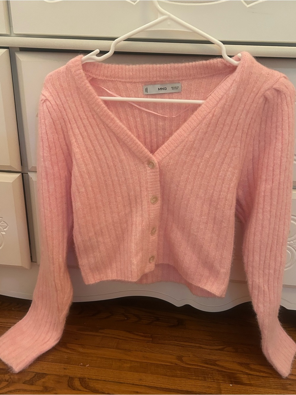 Mango Soft Pink Ribbed V-Neck Button Cardigan